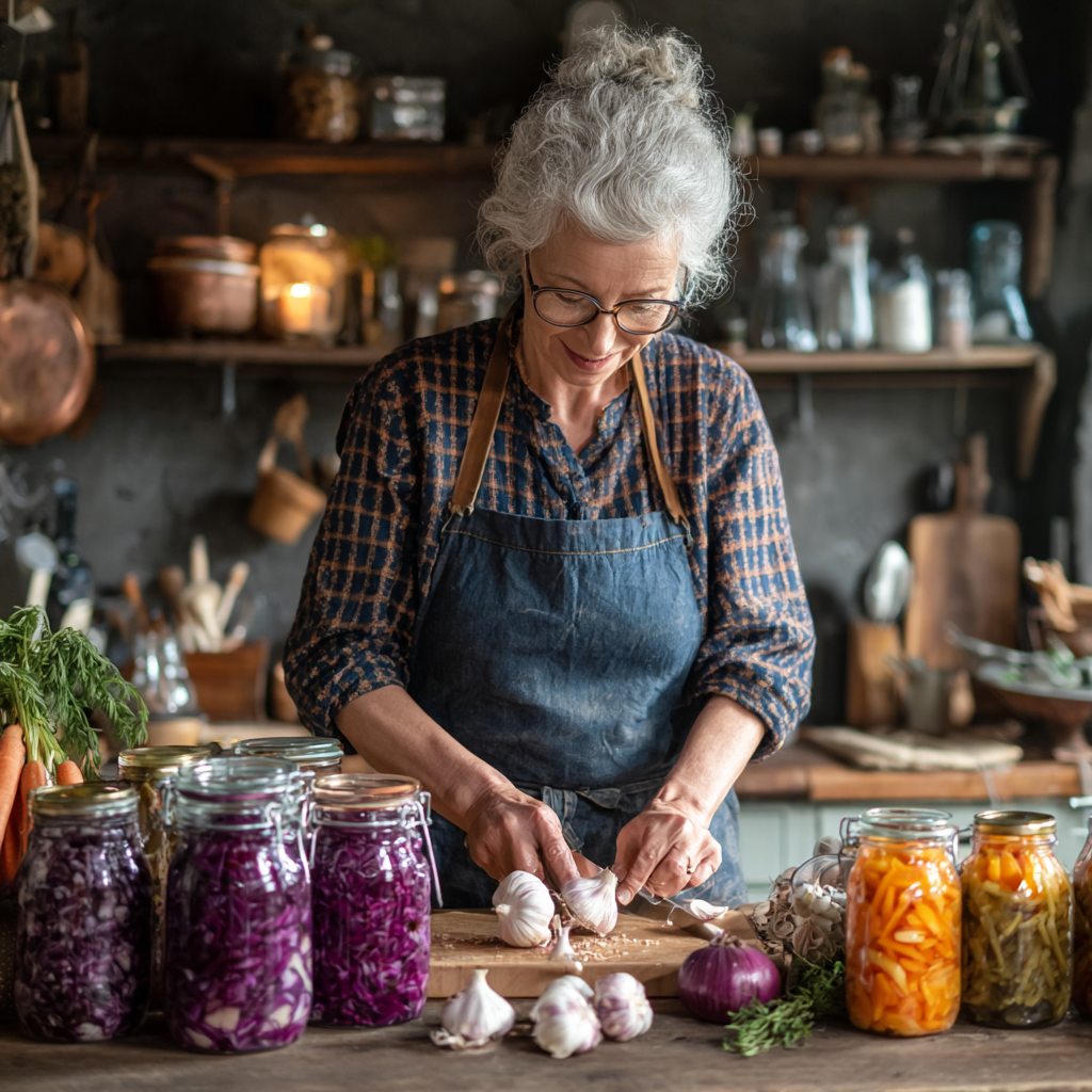 50 years old woman preparing fresh garlic and fermented vegetables in kitchen