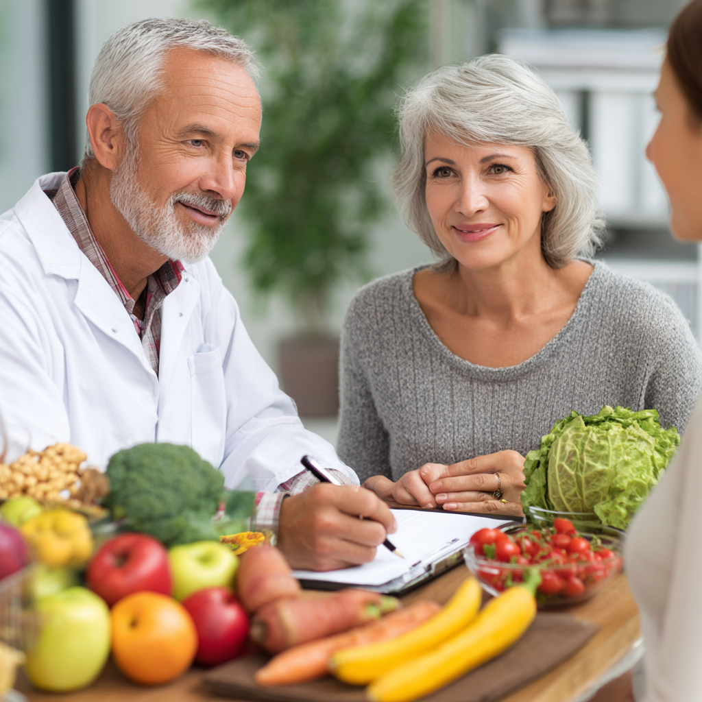 51 years old adults participating in nutrition consultation with natural health specialist