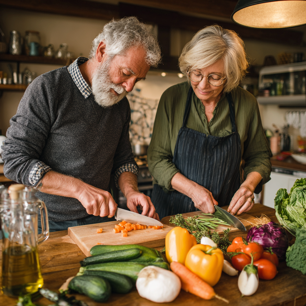 52 years old adults preparing nutritious meal together with fresh vegetables